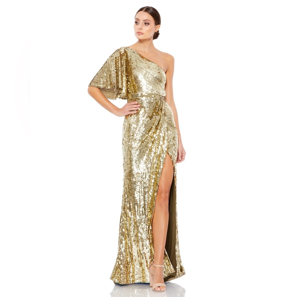 Gorgeous Gold Sequin Mac Duggal one-shoulder bell sleeve gown - Picture 1 of 6